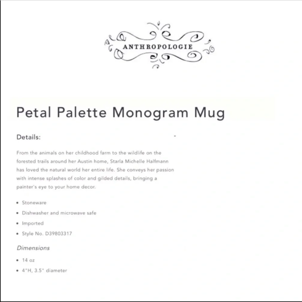 Anthropologie Petal Palette Monogram Mug